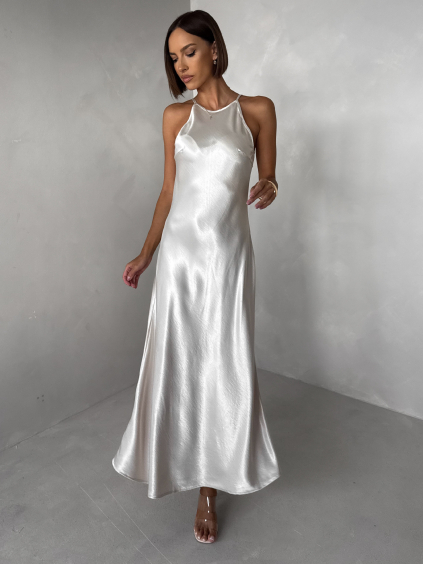 Krémové dlouhé jednoduché společenské šaty HYDRIS