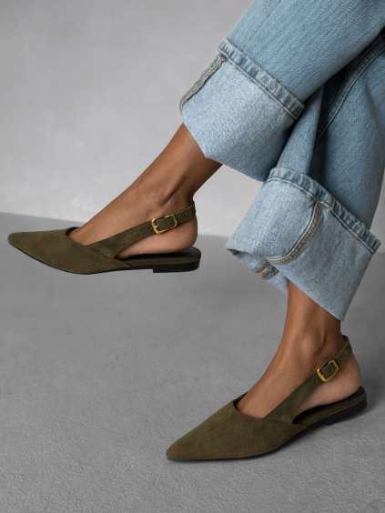 Khaki semišové nazouvací baleríny GENYRA s odkrytou patou