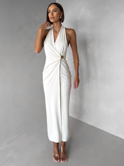 Krémové dlouhé elegantní společenské šaty KALIXA s výstřihem