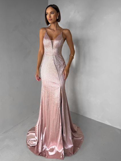 Starorůžové luxusní plesové třpytivé šaty RAVELLE s rozparkem