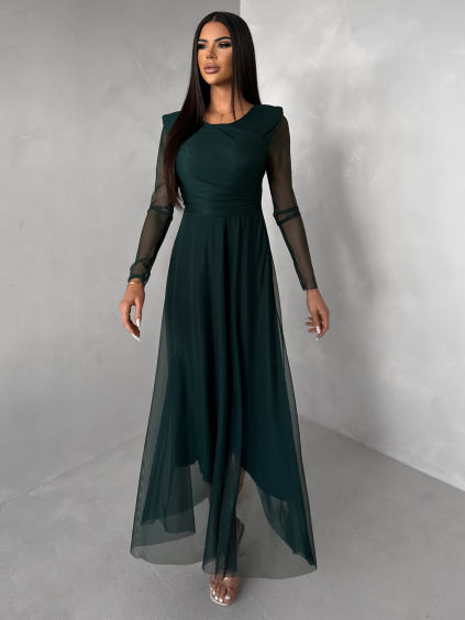 Smaragdové tylové společenské šaty ASHER s dlouhým rukávem