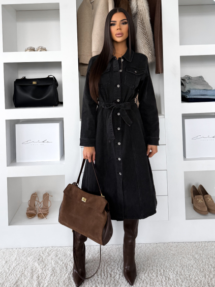 Černé džínové midi šaty HERTOZ s dlouhým rukávem