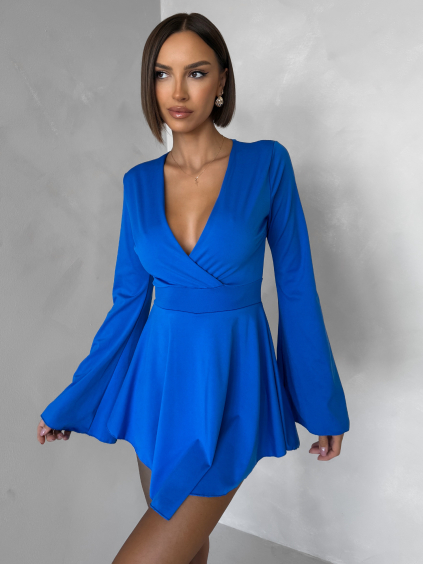 Modré koktejlové šaty STREGH s dlouhým rukávem