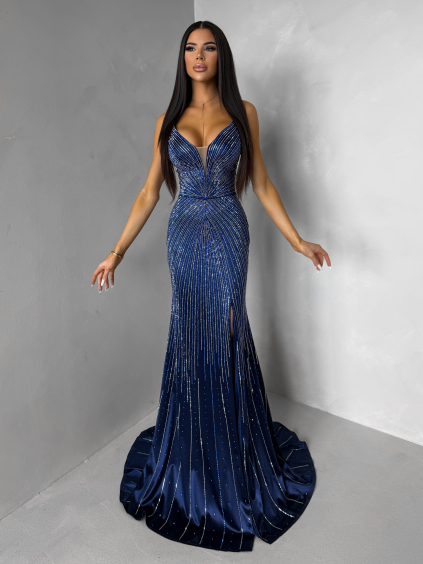 Tmavě modré plesové třpytivé dlouhé šaty RAVELLE s rozparkem