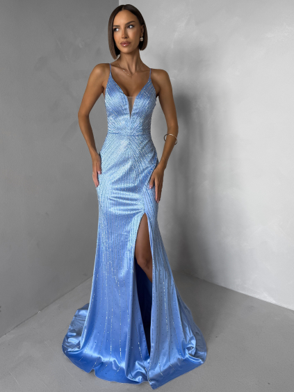 Modré plesové dlouhé třpytivé šaty RAVELLE s rozparkem