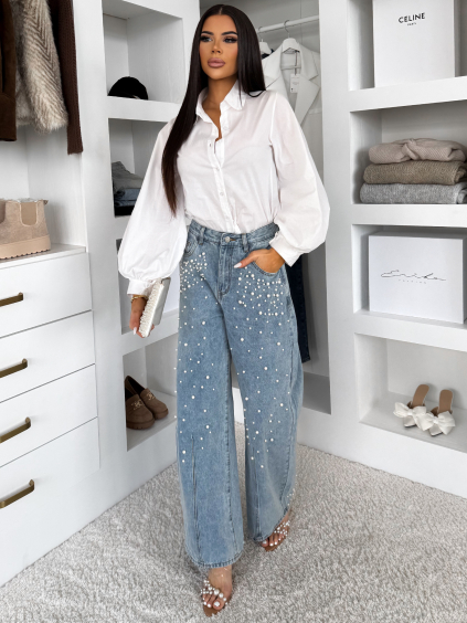 Modré široké stylové baggy džíny BEYOND s perličkami