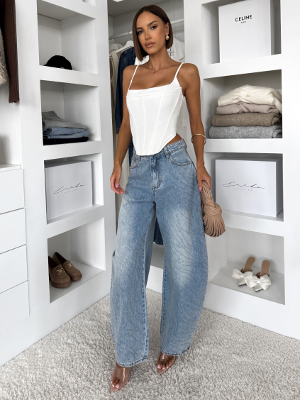 Modré široké luxusní baggy džíny SAFFRONIS s kamínky