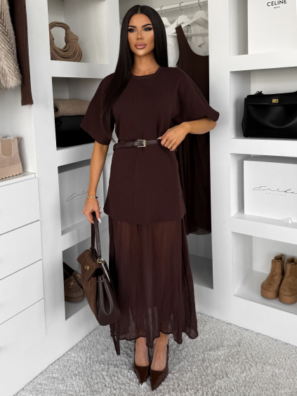 Tmavě hnědé stylové dlouhé šaty LEGACY s krajkou