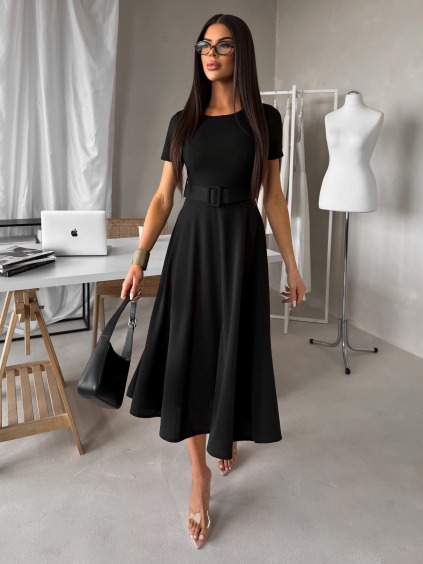 Černé vypasované midi šaty WONDIX s páskem