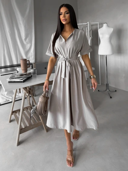 Béžovošedé košilové midi šaty YELONY s páskem
