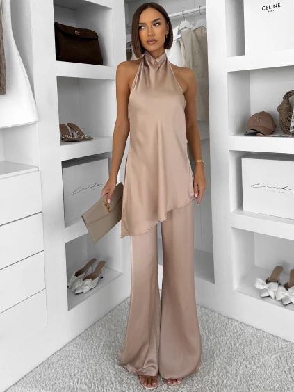 Béžový saténový společenský kalhotový komplet ZATOURA