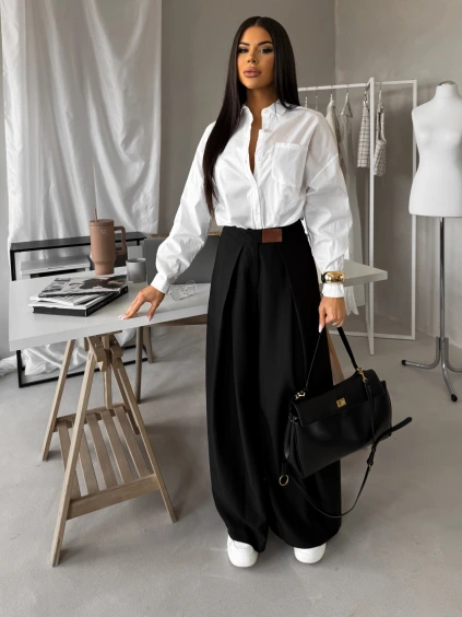 Černé elegantní extra široké kalhoty FENDRIS