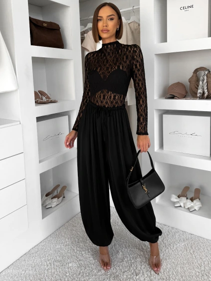 Černé saténové balónové široké kalhoty KALLOS