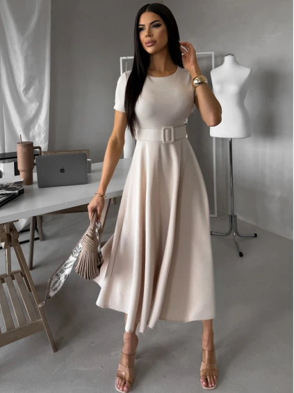 Krémové pouzdrové midi áčkové šaty WONDIX s páskem