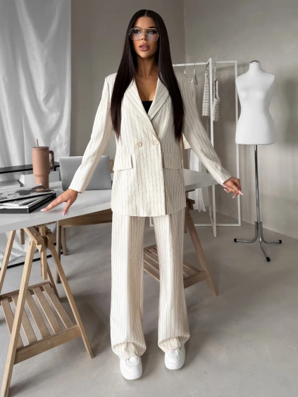 Krémové pruhované široké kalhoty NELORA