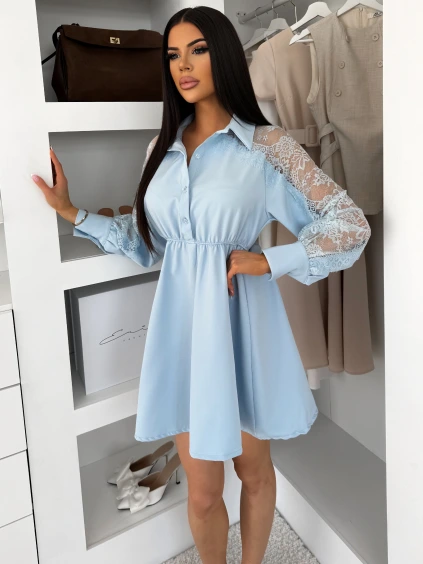 Modré košilové šaty VYLORIUM s krajkovými rukávy