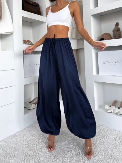 Tmavě modré saténové balónové široké kalhoty KALLOS