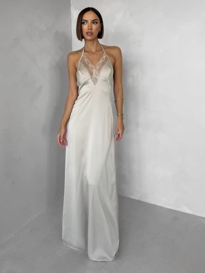 Béžové dlouhé saténové šaty FORTYK s krajkou