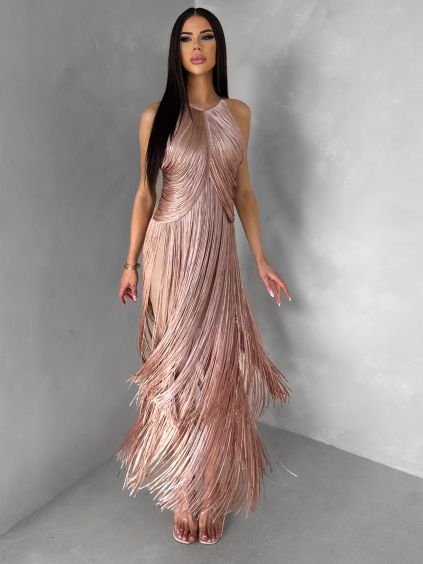 Růžové společenské šaty FENDRIA s třásněmi