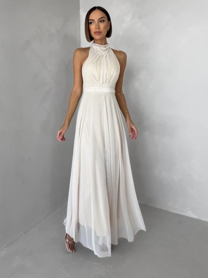Béžové společenské dlouhé tylové AURAC
