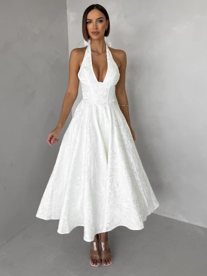 Bílé společenské vypasované áčkové midi šaty NYXORA