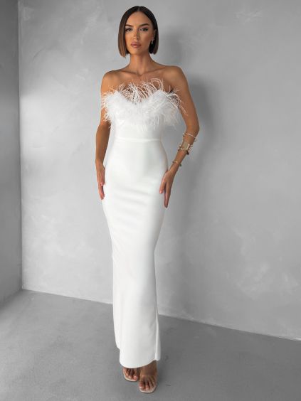 Bílé společenské vypasované dlouhé šaty BELSANTE s rozparkem