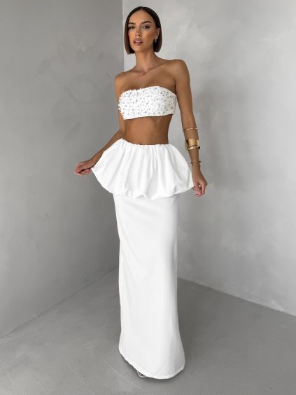 Bílý luxusní společenský komplet VELDORA se sukní