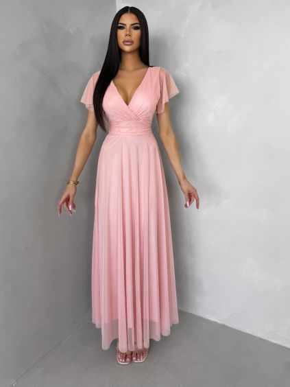 Broskvové šifonové vázací dlouhé šaty VIONELA