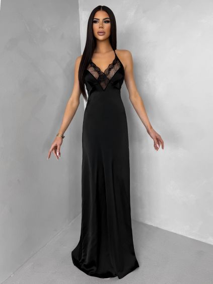 Černé dlouhé saténové šaty FORTYK s krajkou