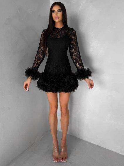 Černé krajkové mini koktejlové šaty VINDORA s tylovým volánem