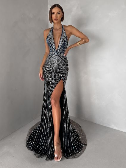Černé luxusní dlouhé plesové třpytivé šaty ISOLANE