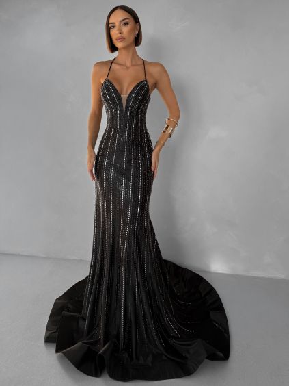 Černé plesové luxusní dlouhé třpytivé šaty GALDYNE s rozparkem