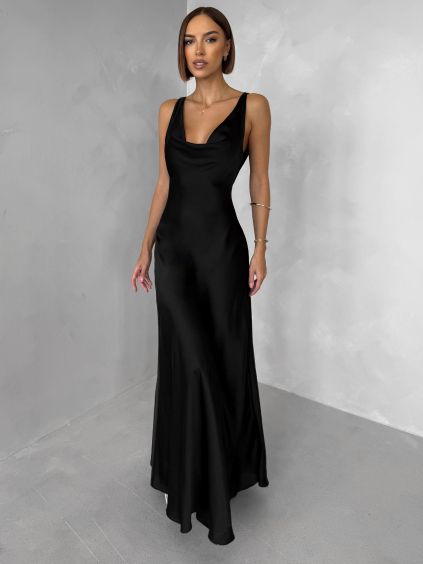 Černé saténové dlouhé šaty MIREVE s odhalenými zády