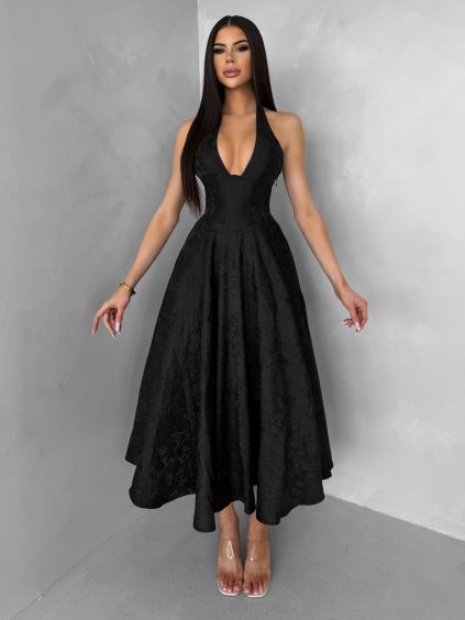 Černé společenské vypasované áčkové midi šaty NYXORA