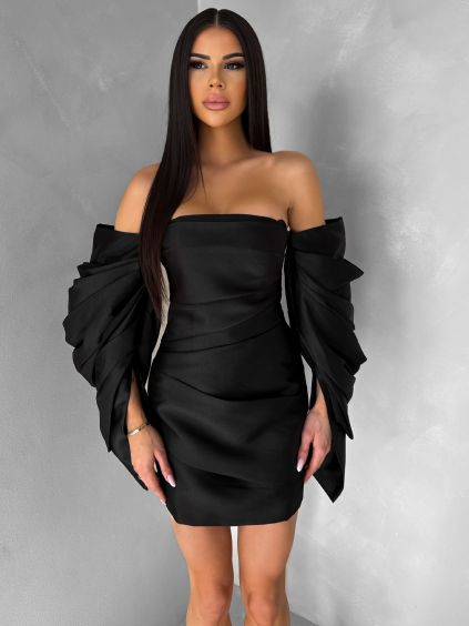Černé koktejlové mini šaty TUVIANA s nabíranými rukávy