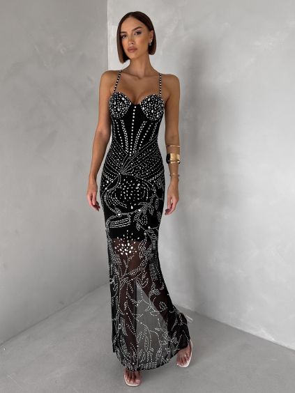 Černé třpytivé dlouhé šaty ORYNTHIA na ramínka