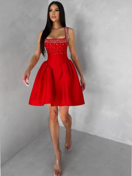 Červené krátké vypasované áčkové šaty MIRELYS s kamínky