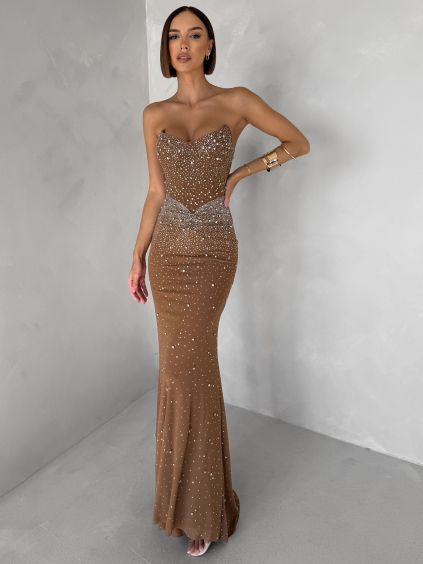 Hnědé nude třpytivé dlouhé šaty XANDERA