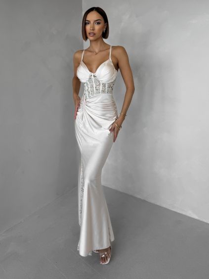 Krémové společenské dlouhé šaty ARLISE na ramínka