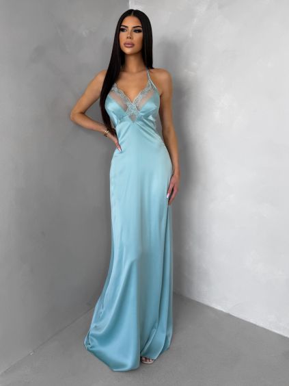 Mátové dlouhé saténové šaty FORTYK s krajkou