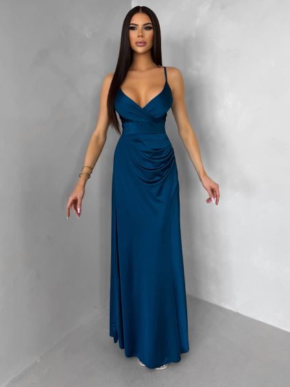 Petrolejové dlouhé saténové šaty ARANKA na ramínka