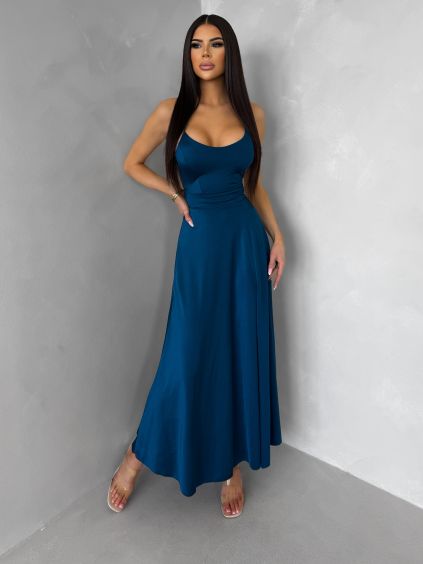 Petrolejové saténové elegantní midi šaty SIMUEL se šněrováním