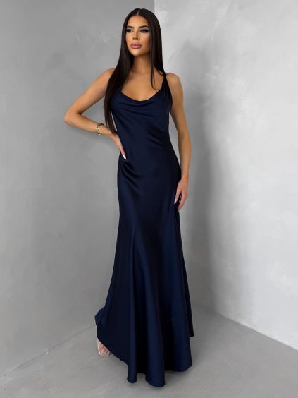 Tmavě modré saténové dlouhé šaty MIREVE s odhalenými zády