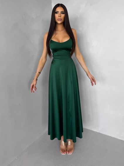 Smaragdové saténové elegantní midi šaty SIMUEL se šněrováním