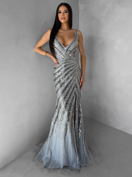 Stříbrné luxusní dlouhé třpytivé šaty MISTRALIS s rozparkem