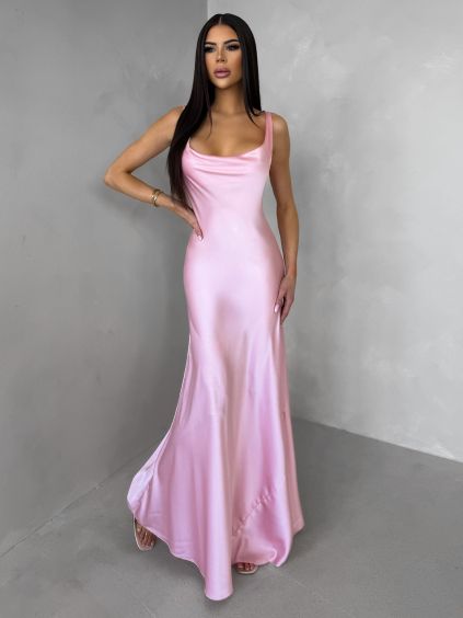Růžové saténové dlouhé šaty MIREVE s odhalenými zády