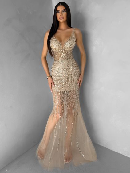 Zlaté třpytivé luxusní plesové nude šaty ROVENSA
