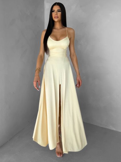 Žluté saténové elegantní midi šaty SIMUEL se šněrováním