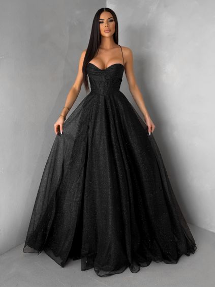 Černé plesové dlouhé třpytivé šaty ZANTHEA s korzetem