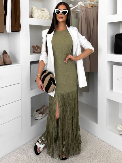 Olivové dlouhé šaty CYLARA s třásněmi